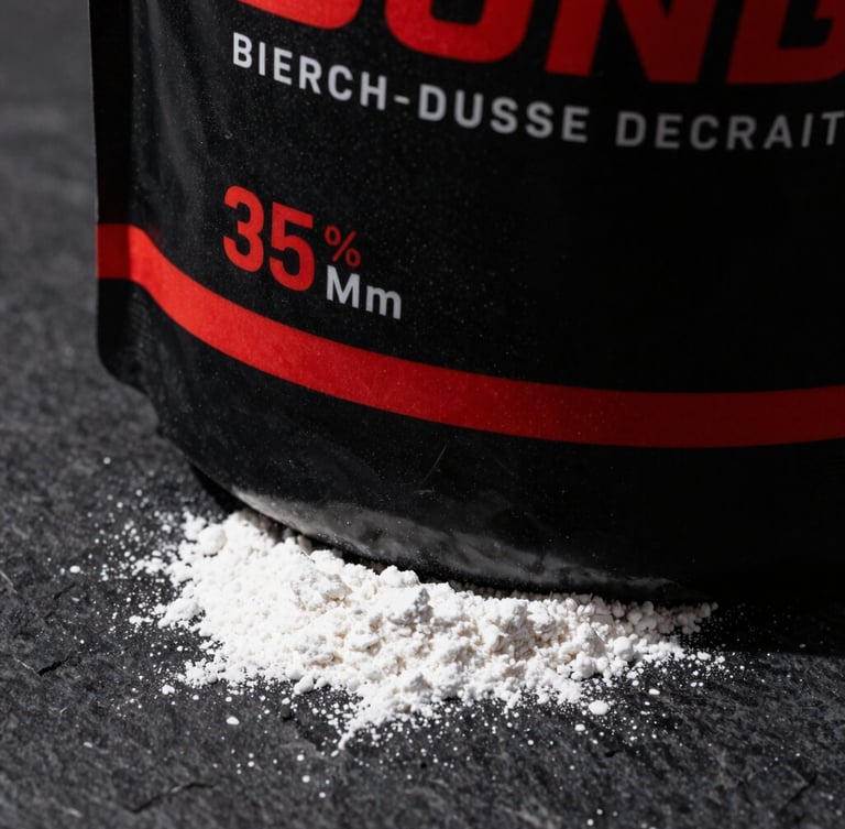 Tight close-up of premium black supplement packaging with sharp crimson accents, dramatic key lighting, raw white powder texture visible on a dark stone surface, 35mm lens