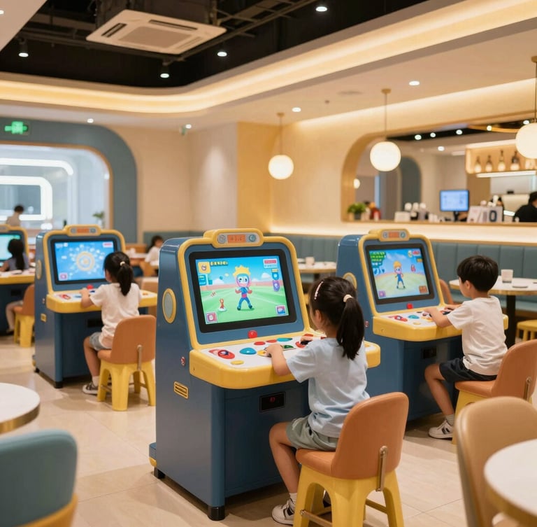 Bright modern restaurant play area, colorful interactive game consoles, happy children playing safely, warm golden lighting, 35mm photography