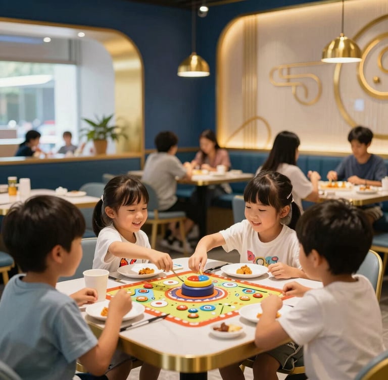 A bright, modern interactive game zone inside a restaurant, children smiling naturally while playing, warm golden lighting, 35mm