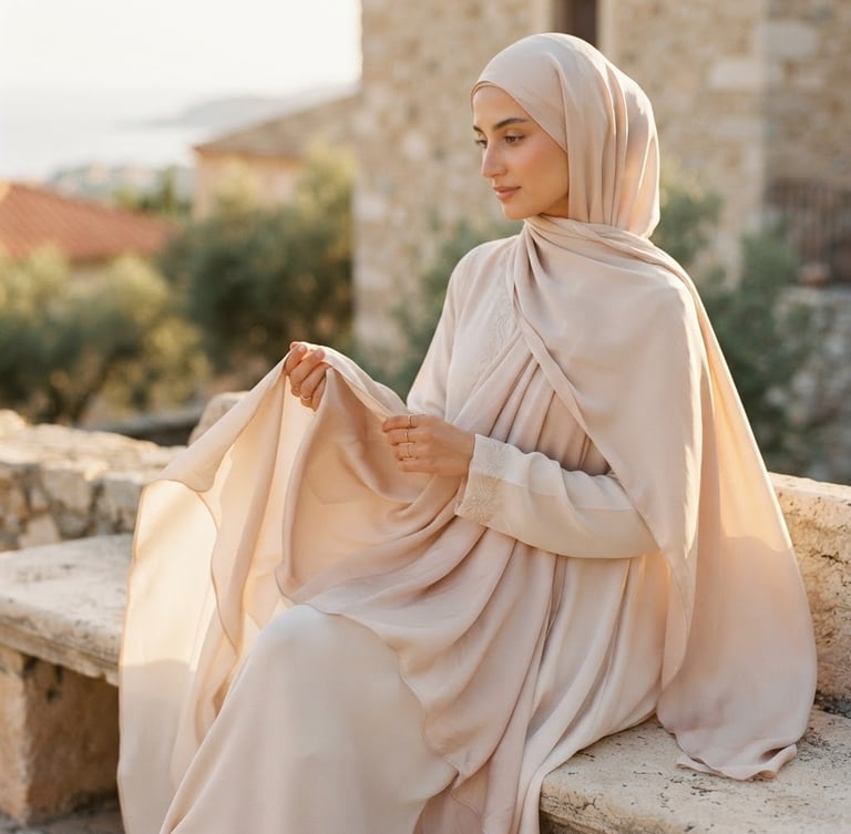 Warm editorial photography of elegant flowing modest silk fabric draping softly, warm golden-hour daylight, muted cream and blush tones, shallow depth of field, 35mm.