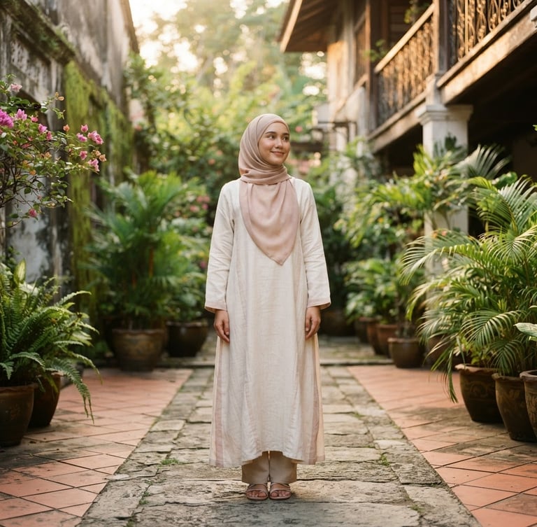 Editorial portrait of a woman in flowing neutral linen modest attire, standing in a sunlit Ampang courtyard, soft golden-hour daylight, 35mm