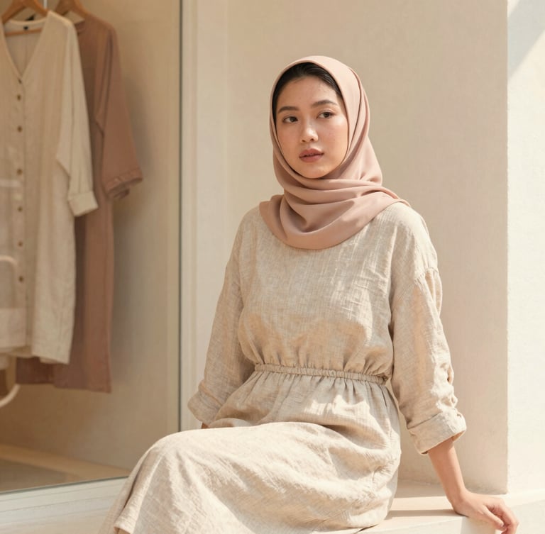 Warm editorial portrait of a modern Malaysian woman in a soft beige linen dress, sitting in a sunlit Ampang boutique corner, 35mm.