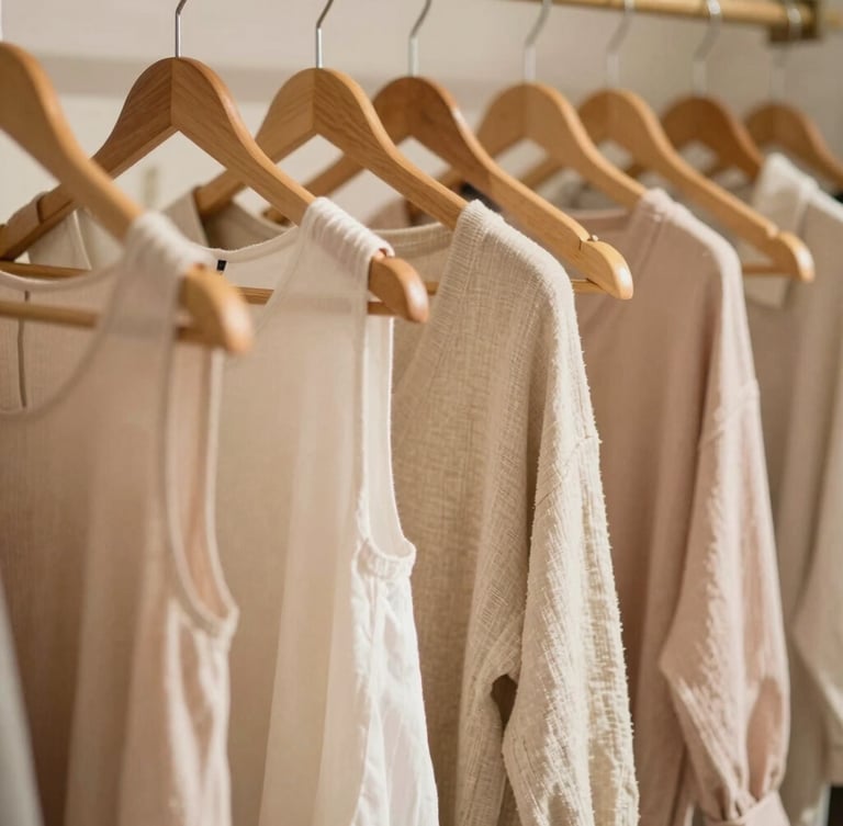 A warm, inviting corner of a boutique in Ampang with wooden hangers, soft linen fabrics, and neutral tones under diffused daylight, 35mm