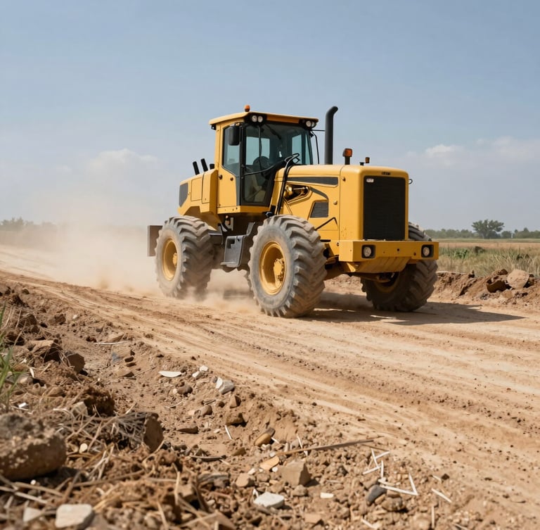 Low-angle heroic shot of a heavy yellow motor grader compacting a wide dirt road cut through rustic land, dusty atmosphere, harsh midday sun.