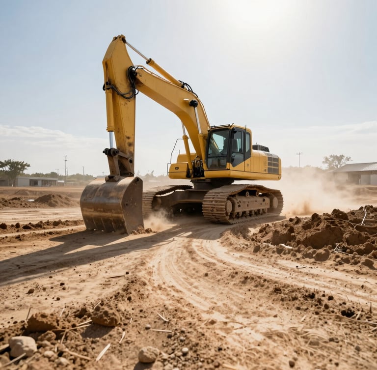 Low-angle heroic shot of a heavy yellow excavator carving a wide road through dry, dusty soil, bright midday sun casting sharp shadows, industrial editorial photography, 35mm