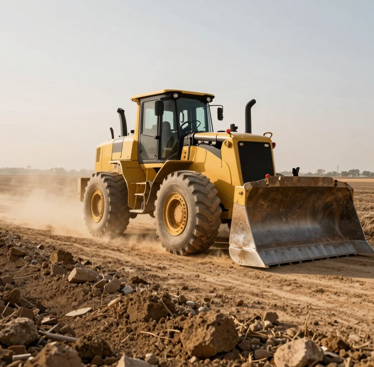 Massive yellow bulldozer compacting earth on a wide agricultural road, golden hour dust-lit environment, high-contrast warm earth tones, wide-angle lens