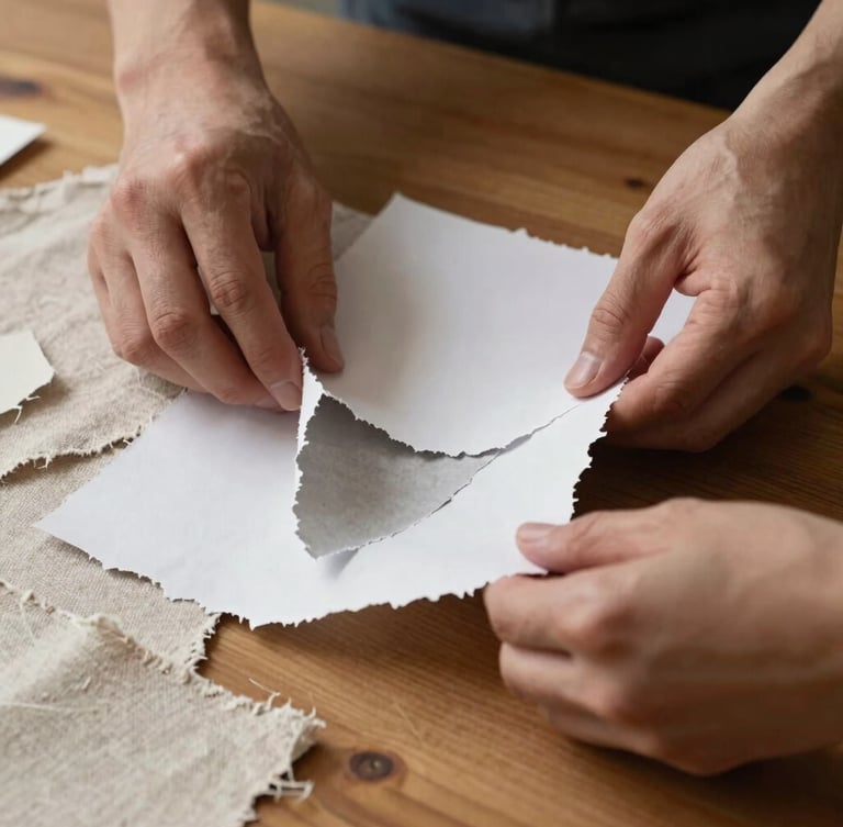 Tactile close-up of hands arranging torn heavy-weight paper swatches and raw linen on a warm wooden table, cast shadows