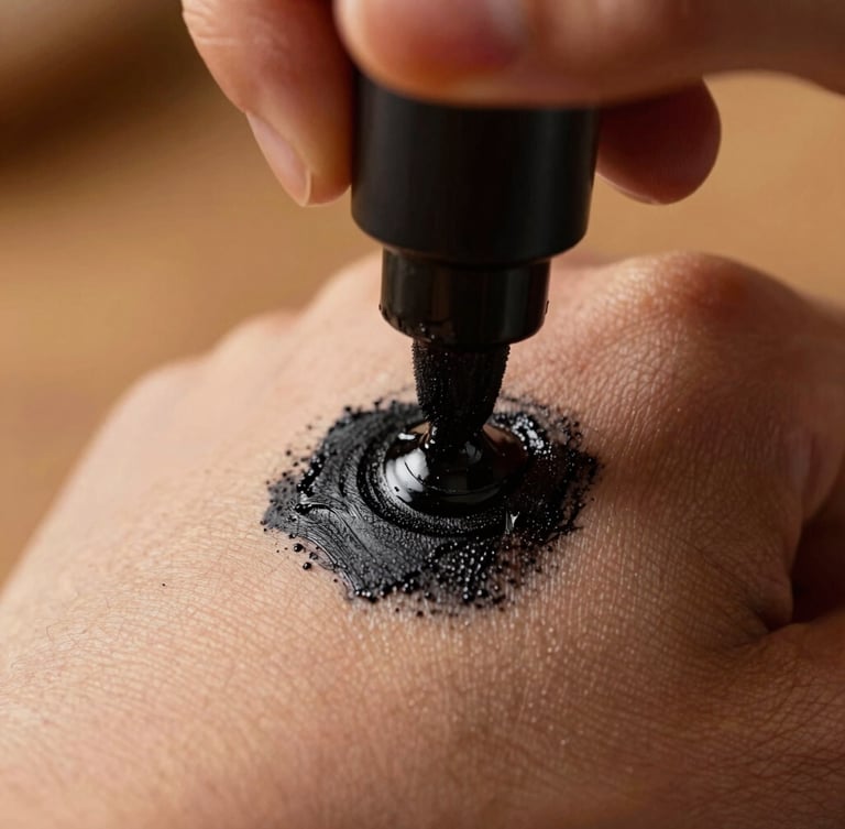 Extreme close-up of a hand pressing a thumb onto ink, rich textures of skin and dark charcoal ink, warm temple lighting, shallow depth of field.