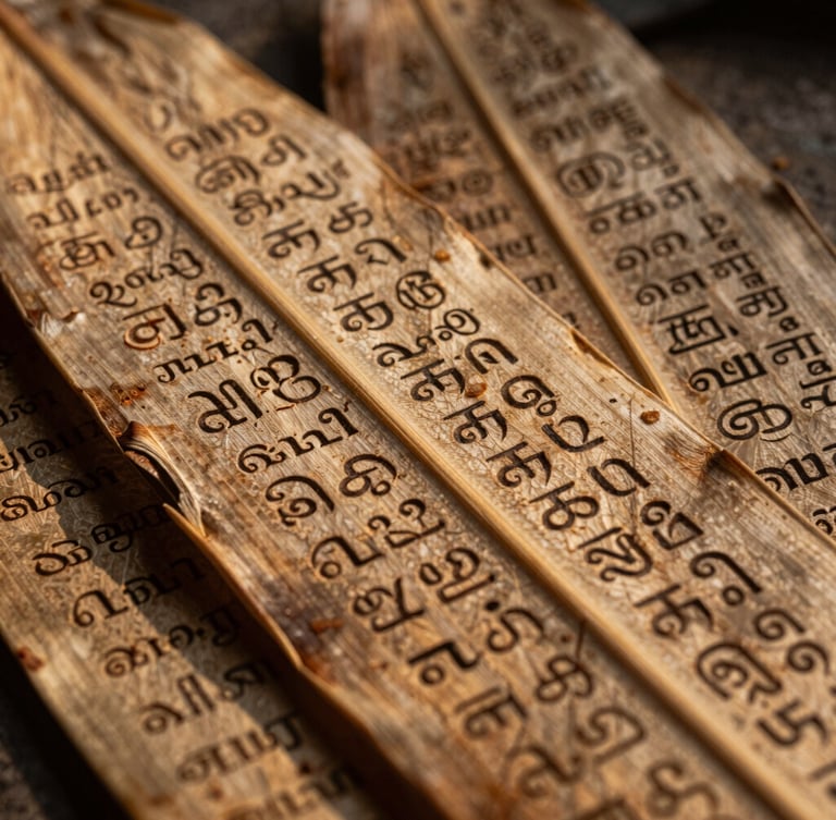Extreme close-up of aged, etched palm leaves with ancient Tamil script carvings, warm directional side-light, deep shadows, temple library atmosphere.