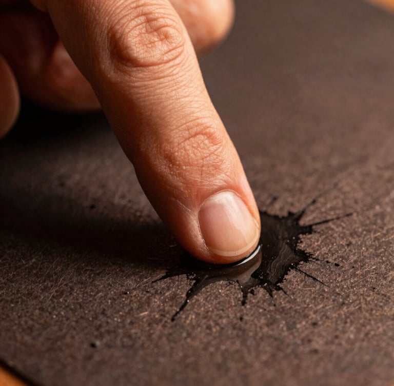 Extreme close-up of a thumb being pressed onto dark ink, textured paper below, dramatic low-key lighting with warm copper tones.