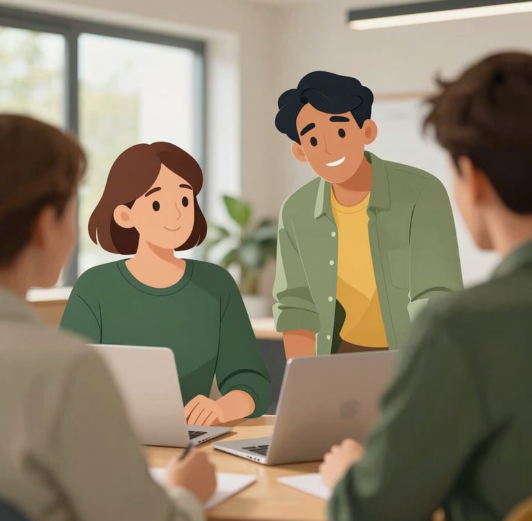 Chaleureuse illustration vectorielle de collègues de bureau s'écoutant avec bienveillance dans un espace lumineux, tons vert sauge et jaune doux, style moderne et épuré.