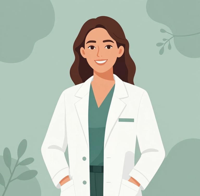 Elegant vector portrait of a female psychologist with a warm and reassuring smile, modern minimalist style, soft sage green background, clean organic shapes.