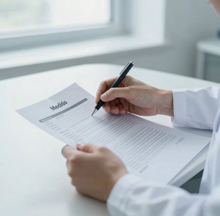 Close-up of Dr. Medido's hands reviewing patient charts, reassuring gesture, modern clinical desk, soft natural window light, bright minimalist setting, muted blue and white tones