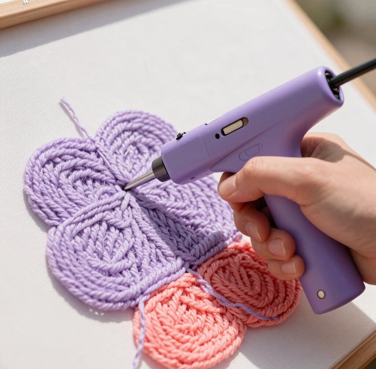 Close-up portrait of a hand using a tufting gun with soft lavender and coral yarn on a stretched canvas, bright natural daylight, shallow depth of field, 35mm