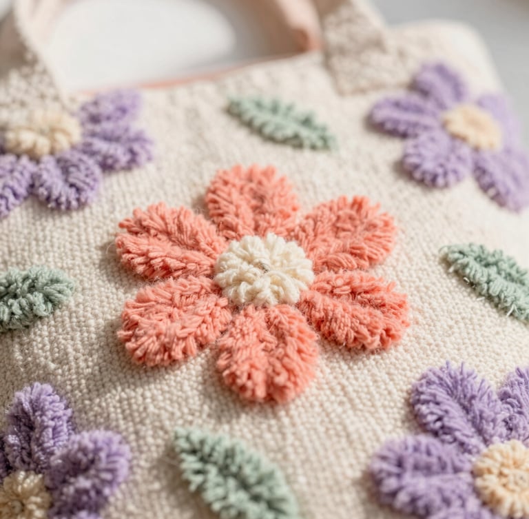 Macro photograph of a hand-tufted textile bag with soft pastel floral patterns, fluffy yarn textures in coral and lavender, bright natural daylight, shallow depth of field, 35mm