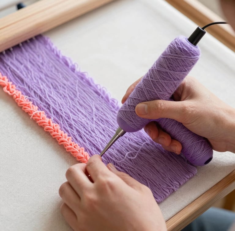Close-up of hands carefully guiding a tufting gun with bright lavender and coral yarn on a stretched canvas, soft natural light, warm atmosphere
