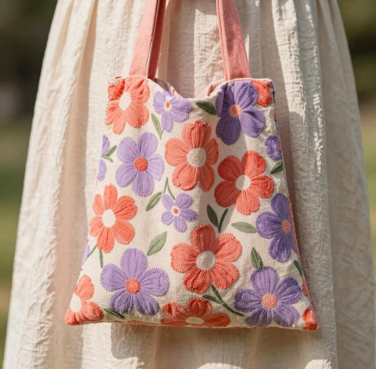 A portrait-oriented close-up of a vibrant tufted textile bag with soft floral patterns in coral and lavender, held by a person in a warm cream linen dress, natural daylight, shallow depth of field