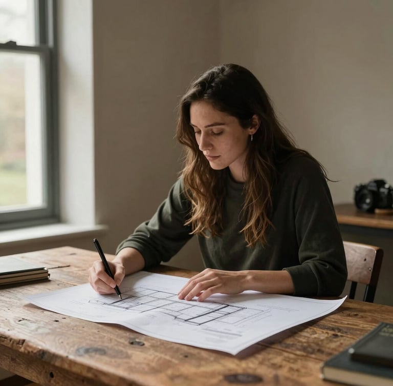 Zarah Williams reviewing architectural blueprints on a rustic wood table, soft natural side lighting, warm editorial photography.