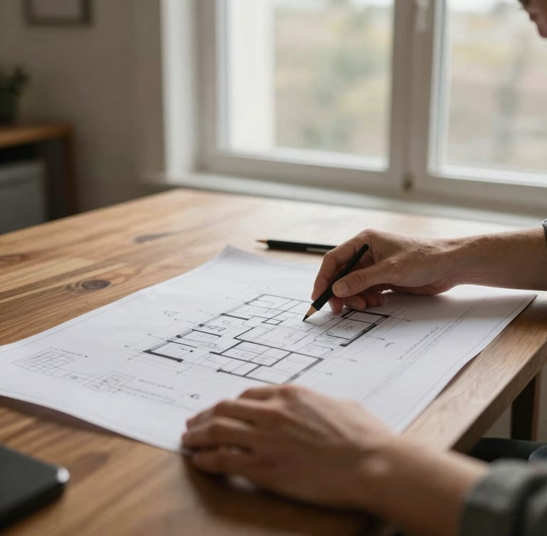 Close-up of a designer's hands reviewing architectural blueprints on a warm wooden table, soft natural window light, detailed textures