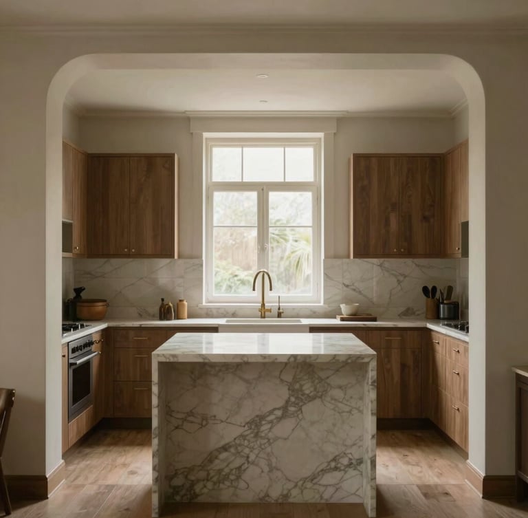 Straight-on architectural elevation of a renovated kitchen with a large marble island, soft natural window light, warm editorial interior photography.