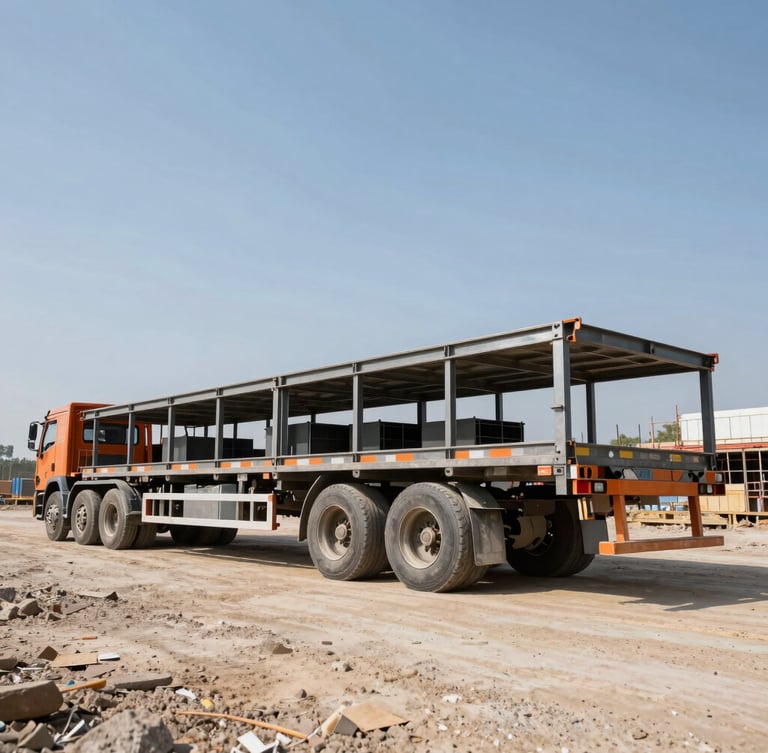 Low-angle wide shot of a multi-axle lowboy trailer, parked on a construction site, highlighting its heavy steel construction and specialized axles, hard direct sunlight, gritty industrial photography.