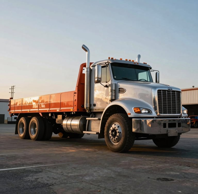 Low-angle wide shot of a heavy-duty flatbed truck parked at Alarcon Sons, Inc. yard in Baldwin Park, California, at golden hour, emphasizing scale and metallic textures, gritty industrial photography.