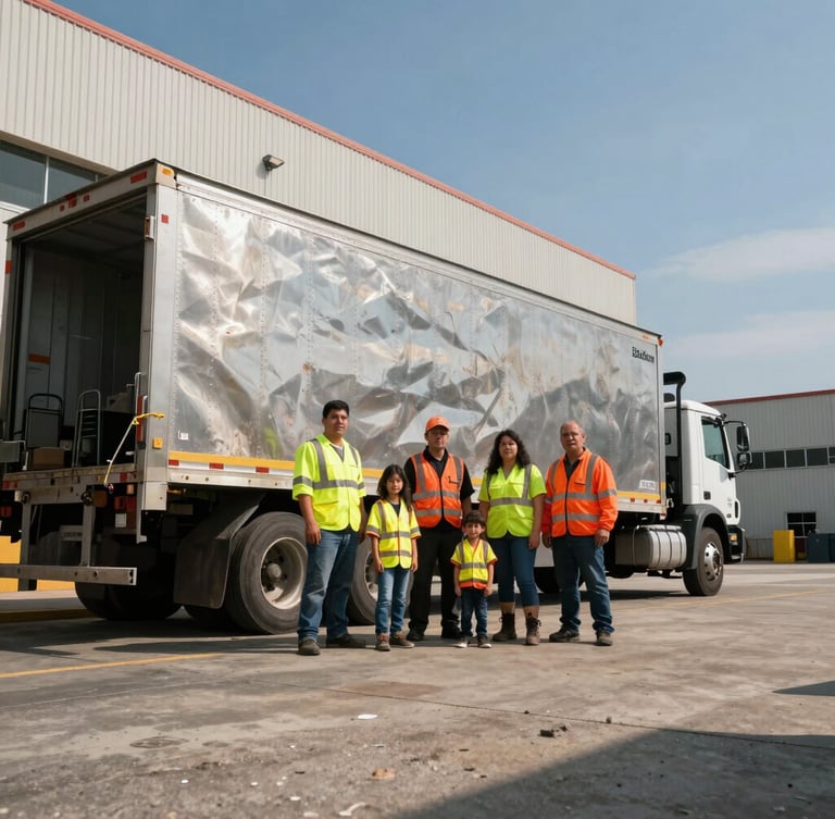 Low-angle wide shot of the Alarcon family team in high-visibility gear standing in front of a heavy-duty lowboy truck at the Baldwin Park headquarters, hard direct sunlight, gritty industrial photography.