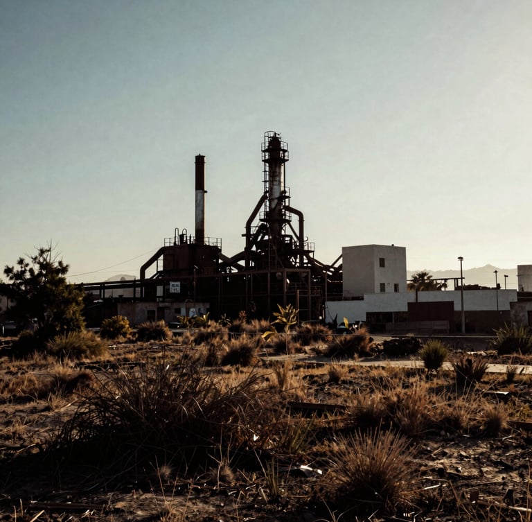 Gritty editorial photography, high-contrast natural light, desaturated urban tones, sharp 35mm film look. An industrial landscape in San Luis Potosí at golden hour, silhouettes of factories and dry vegetation, deep shadows.