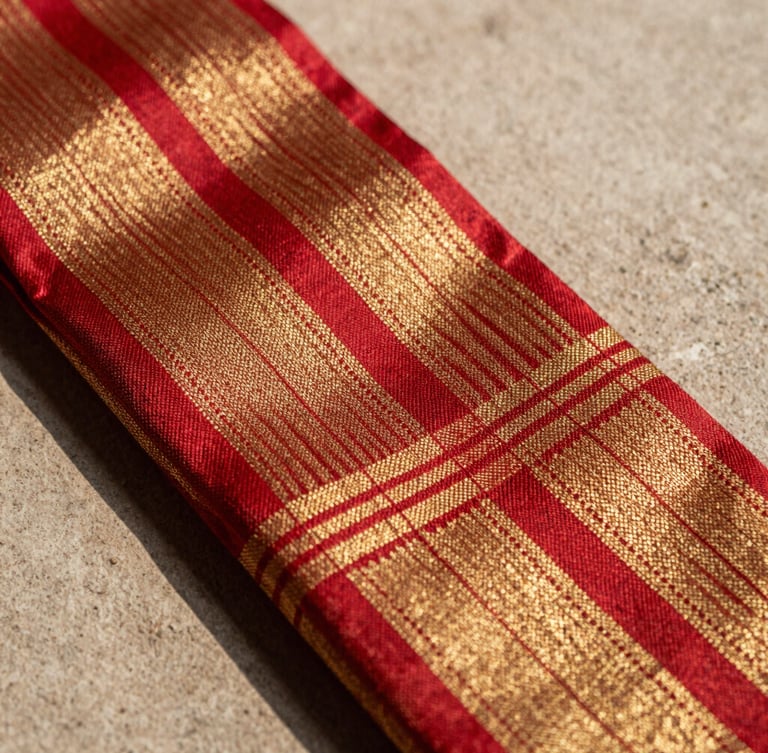 Extreme close-up macro-photography of a Patan Patola saree selvage, showing the mathematical precision of the double-ikat weave and the organic sheen of pure silk. Soft, directional daylight catches the crimson and gold threads against a background of raw plaster.