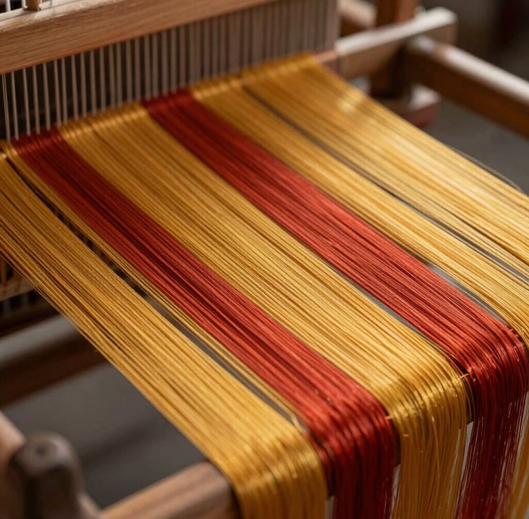 Extreme close-up of pure silk warp threads aligned on a traditional wooden loom, soft morning light catching the golden-yellow and crimson natural dyes.