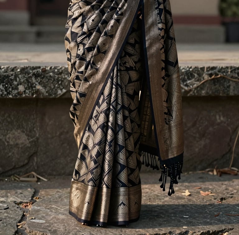 Cinematic side-lit portrait of a rare Patan Patola saree, draped elegantly over raw stone, catching soft morning daylight, highlighting the intricate geometric silk weave.