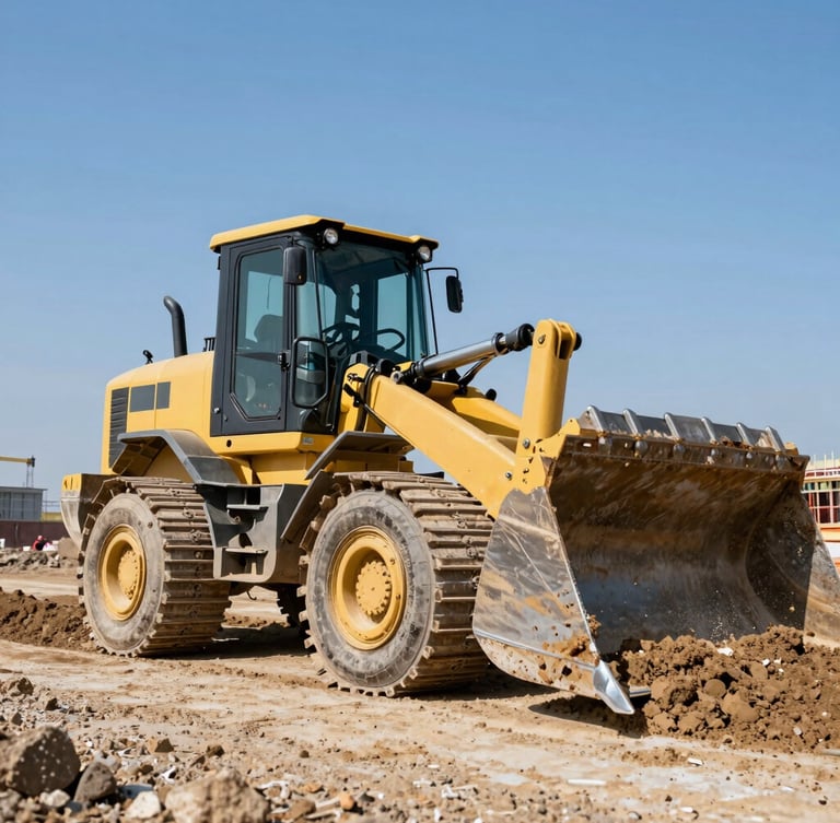 Low-angle heroic shot of a heavy-duty yellow front loader moving earth on a real construction site, harsh bright daylight, gritty industrial photography.