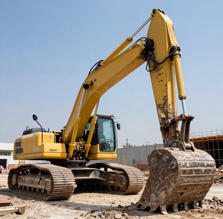 Low-angle heroic shot of a heavy-duty yellow excavator working on an active construction site in Mexico, harsh bright daylight, high contrast industrial photography, wide-angle lens