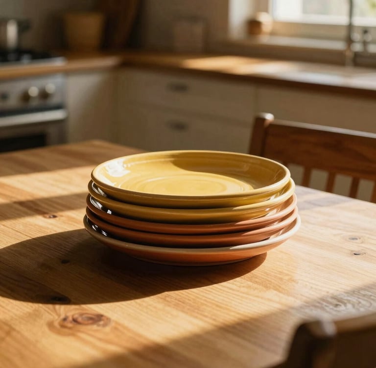 A stack of warm terracotta and mustard yellow ceramic plates on a sun-drenched wooden dining table, golden-hour window light casting soft shadows, cozy kitchen setting.