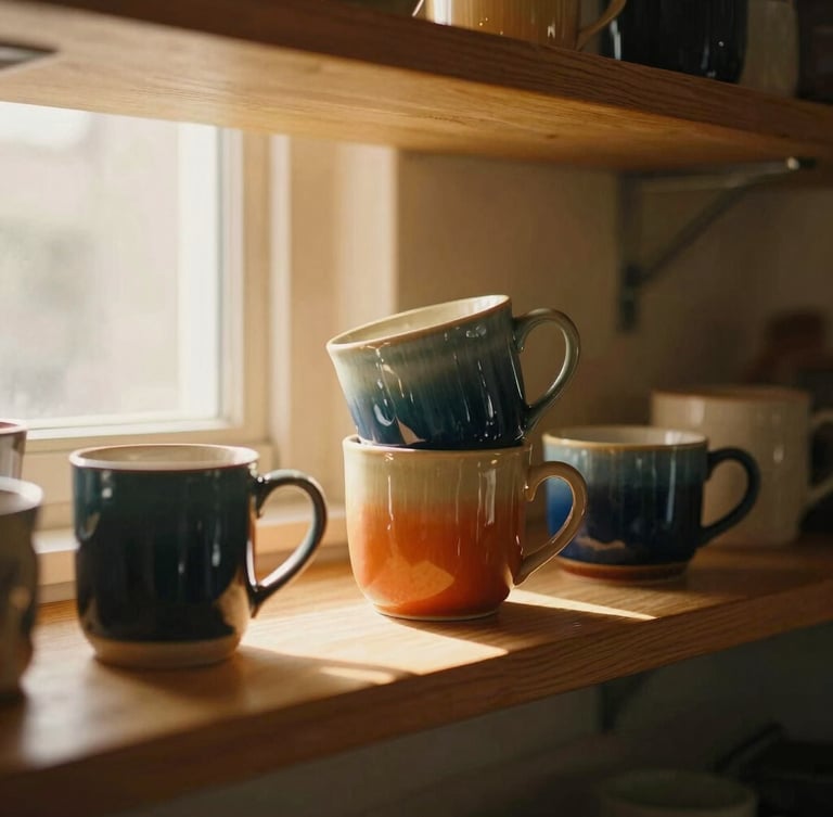 A warm, sunlit kitchen scene with colorful mugs stacked on open wooden shelves, soft golden-hour window light, rich glazes, shallow depth of field, warm editorial photography