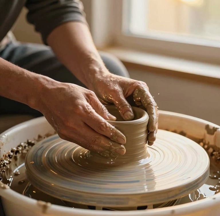 Close-up of potter's hands shaping wet terracotta clay on a spinning wheel, water splashing softly, warm golden-hour window light, shallow depth of field