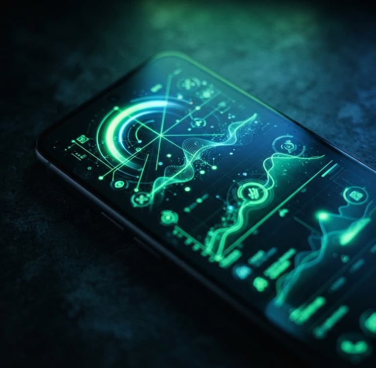 Macro overhead shot of a physical Android flagship device displaying a fluid, high-framerate vector interface, sharp neon green ambient glow reflecting on dark matte glass, 35mm photography