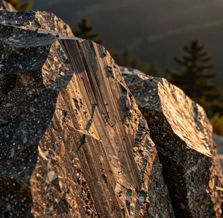 Macro close-up of dark seasoned timber grain and hand-carved mountain slate stone, warm side lighting, high texture detail, architectural macro photography, 35mm film.