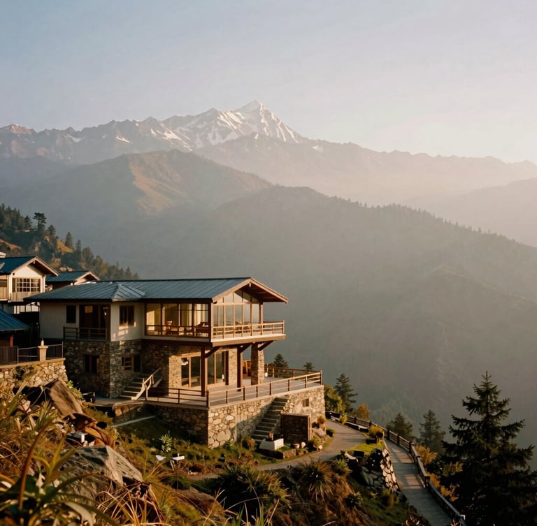 Dramatic wide-angle shot of a cantilevered stone-and-glass villa on a steep Mussoorie ridge, mist-shrouded Himalayan peaks in the background, low-sun golden hour, 35mm film