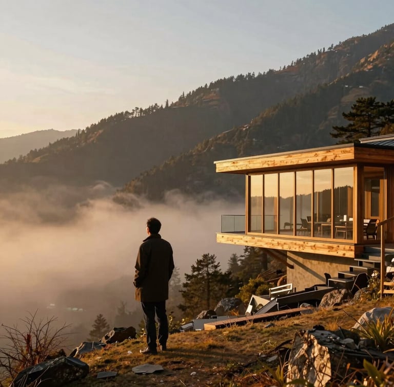Wide-angle portrait of a chief architect in a dark coat standing on a misty Himalayan ridge, looking toward a modern timber-and-glass villa structure, warm golden hour ambient light.
