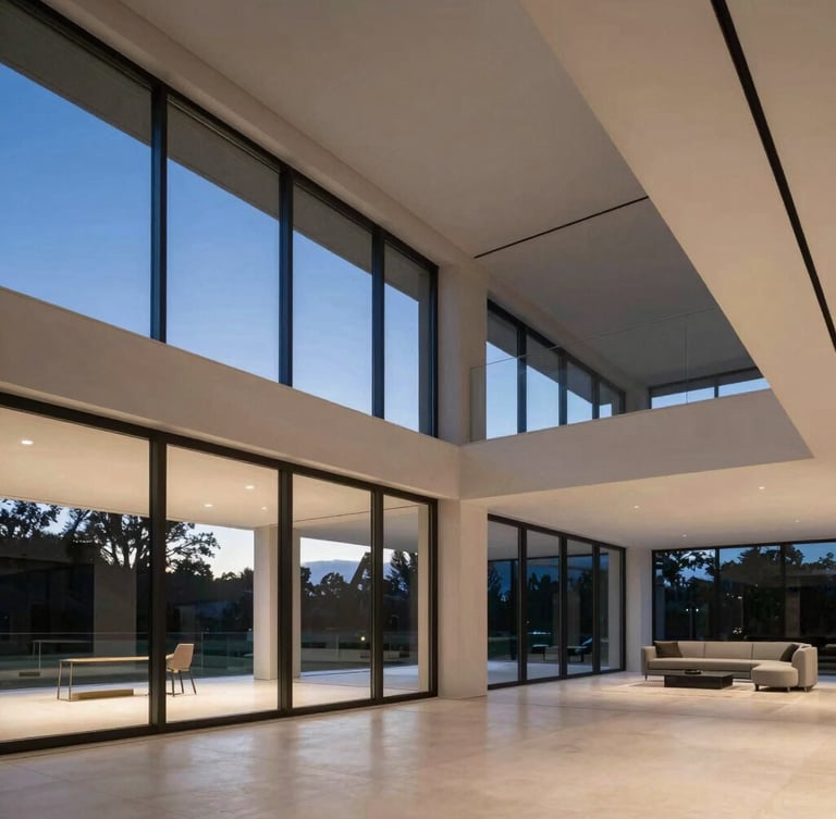 Wide panoramic architectural photograph of a modern luxury villa interior, floor-to-ceiling glass windows showing a twilight sky, clean geometric lines, soft natural lighting, high-end furniture, no camera reflection.