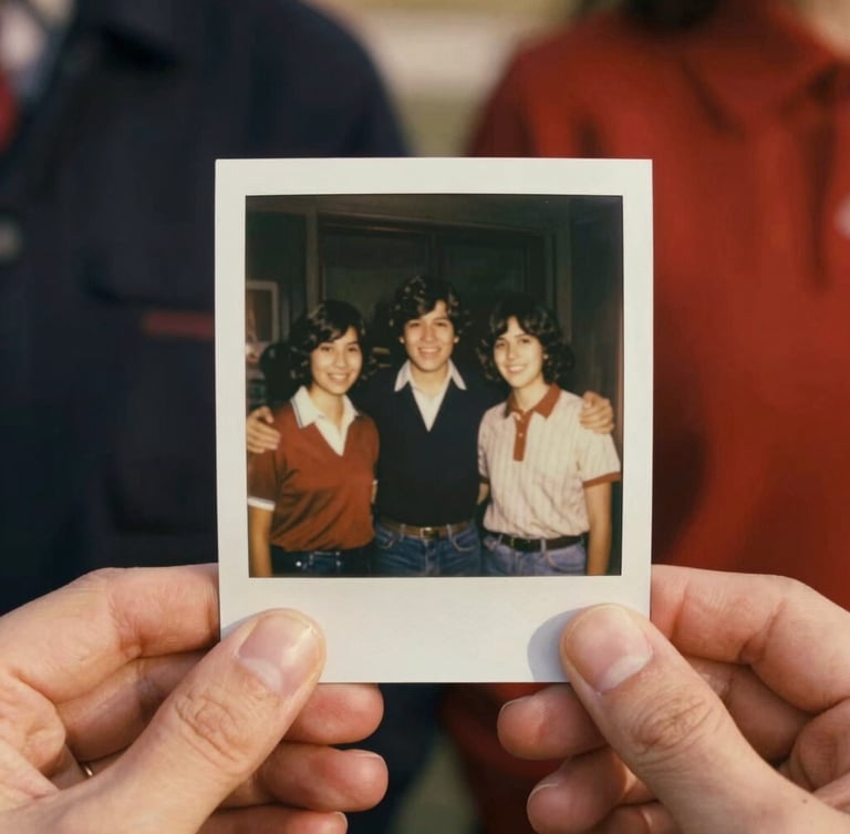 Close-up of hands holding an old vintage polaroid photo of high school friends from the 1970s, warm nostalgic lighting, soft film grain, 35mm