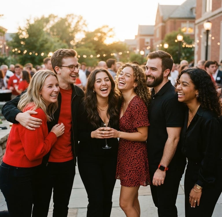 A group of young alumni laughing together at an outdoor evening reunion, warm golden hour light, red and black clothing accents, soft 35mm film grain