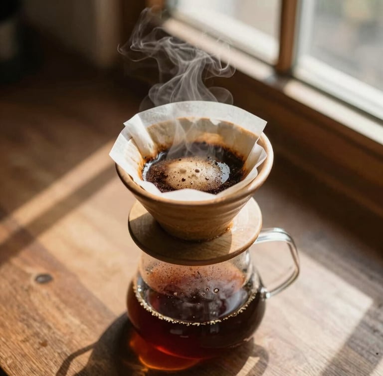 Overhead flat-lay of slow pour-over coffee brewing, warm morning window light casting high-contrast shadows on textured ceramic, steam rising, rich earthy tones, 35mm photography