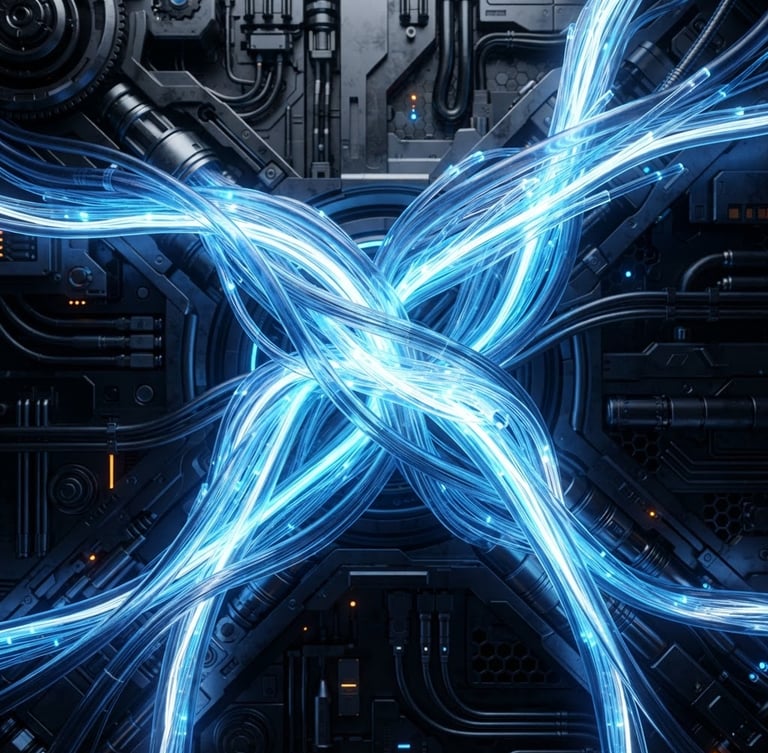 Futuristic 3D render of glowing electric blue fiber optic cables pulsing with light, dark metallic background, ultra-detailed, octane render, 8k
