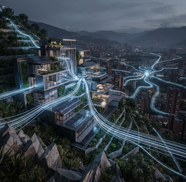 3D render of a futuristic smart home in Medellín connected to glowing blue and white fiber optic lines, cool gray background, octane render, 8k