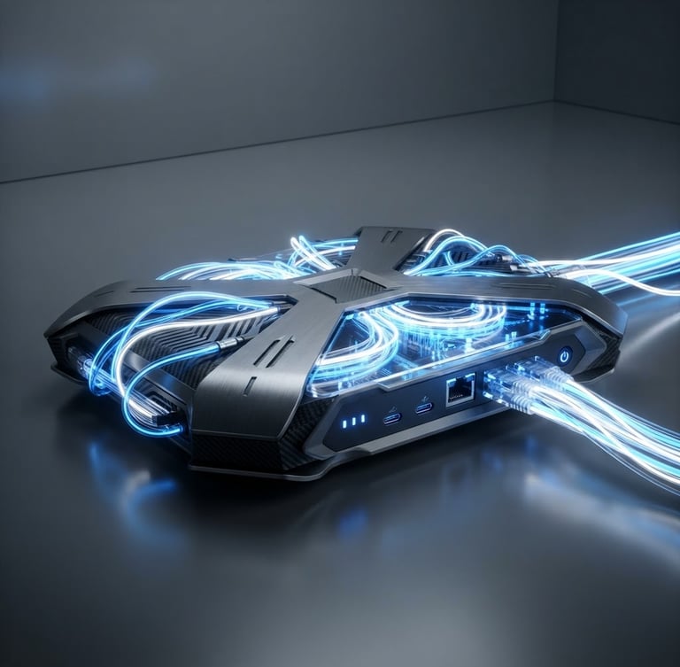 Sleek 3D render of a futuristic router glowing with electric blue fiber optic lines, cool gray studio background, high contrast, octane render, 8k
