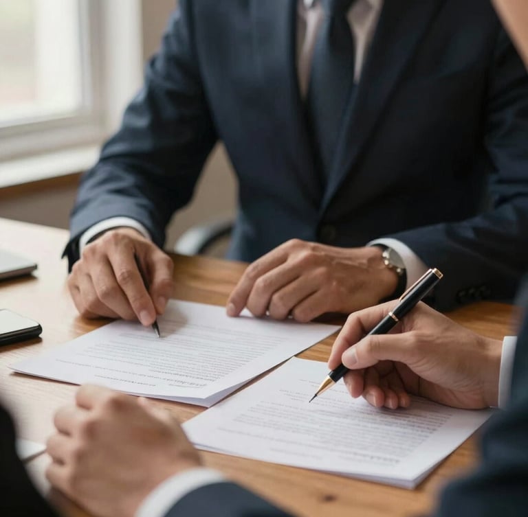 Close-up of hands in collaborative discussion over high-quality legal documents on a wooden table, soft warm window light, elegant professional atmosphere