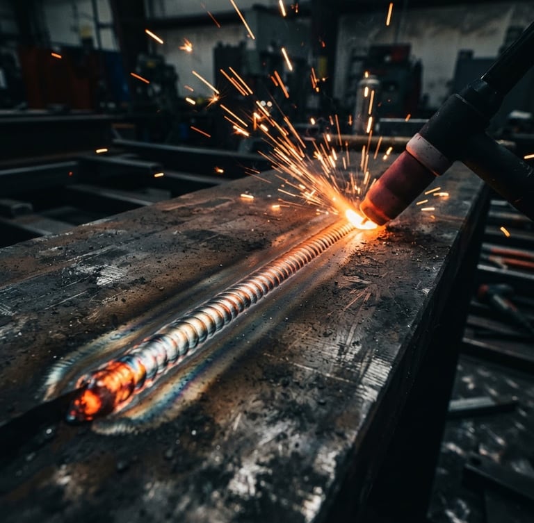 Macro close-up of a clean TIG weld bead on heavy structural steel, high-contrast shop lighting, glowing orange sparks, dramatic shadows