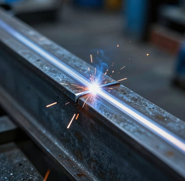Close-up of a clean, high-precision MIG weld bead on a heavy structural steel beam, industrial shop background with soft blue lighting.